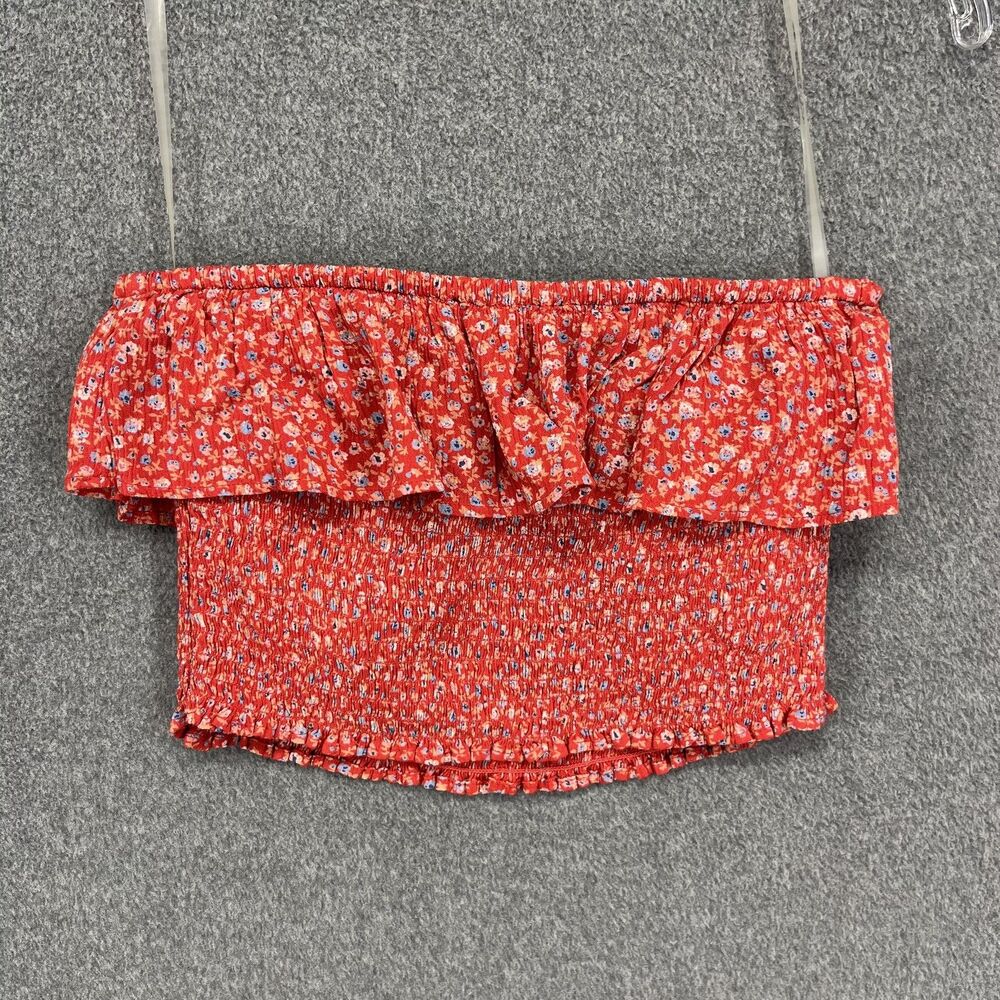 American Eagle Off Shoulder Crop Top Womens XS Red Floral Smocked Ruffle Summer‎